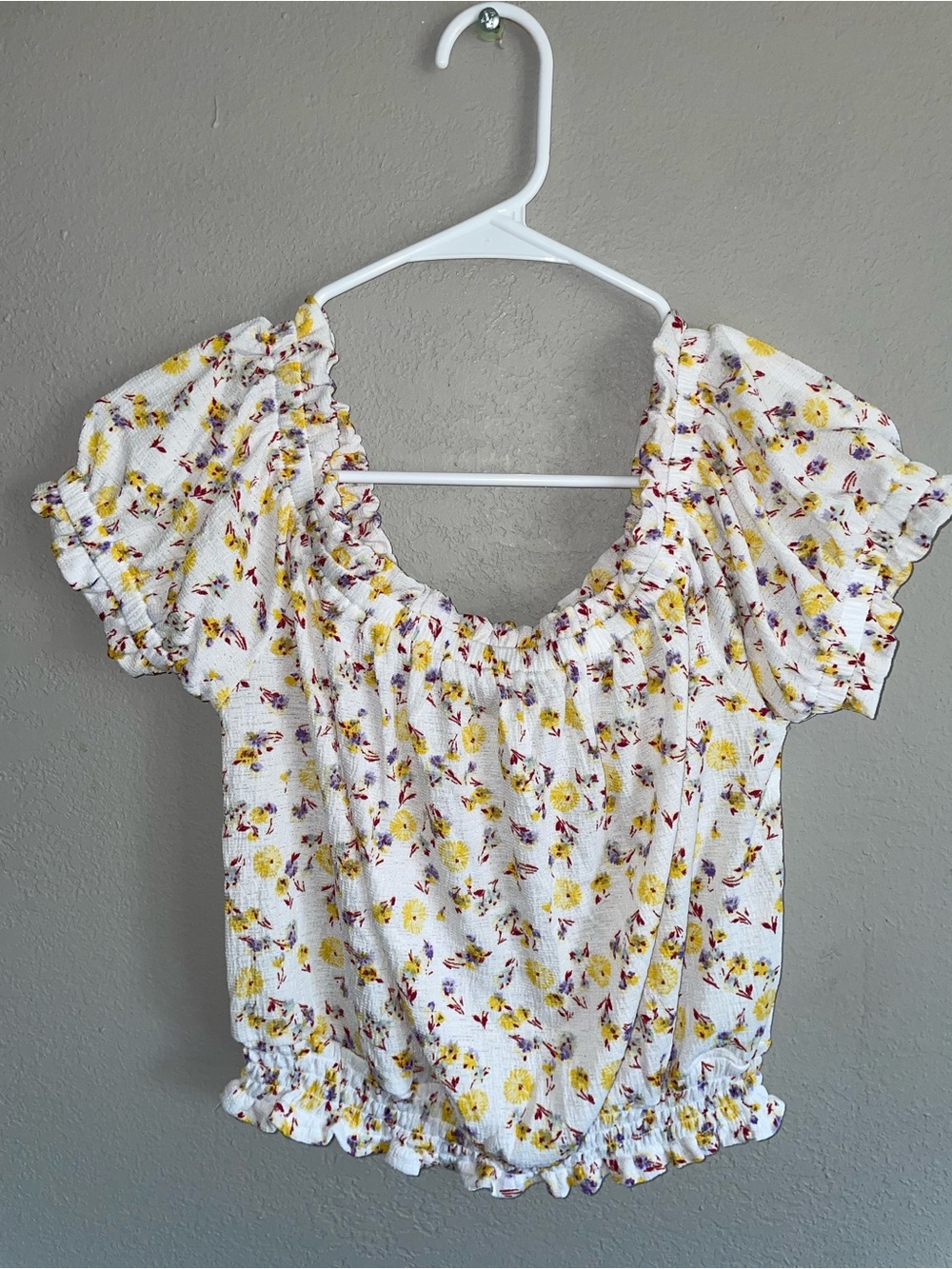 Smocked Floral Off-Shoulder Top in White and Yellow